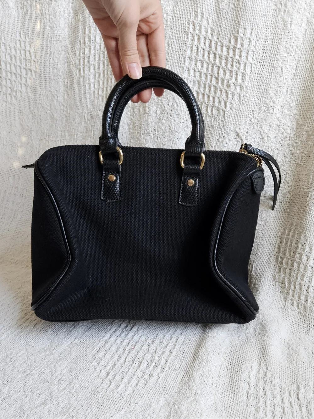 Victoria's Secret Black Canvas Satchel with Gold Hardware
